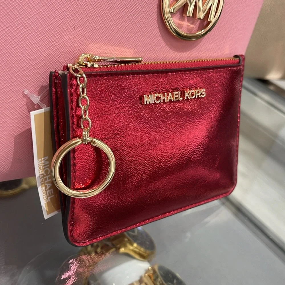 MICHAEL KORS Jet Set Travel Small Top Zip Coin Pouch With ID Keychain Crimson